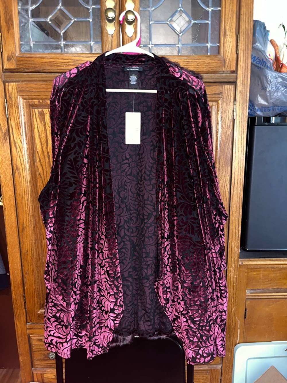 Catherines Burgundy and Black Burnout Velvet Open Jacket